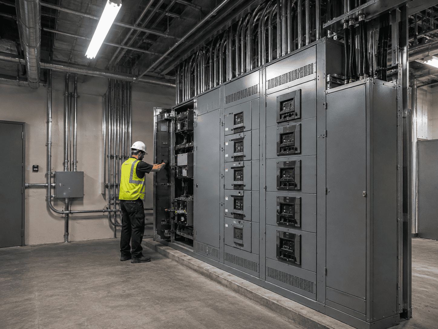 A worker in a safety vest and helmet inspects a large electrical panel in an industrial facility with exposed pipes and wiring overhead.
