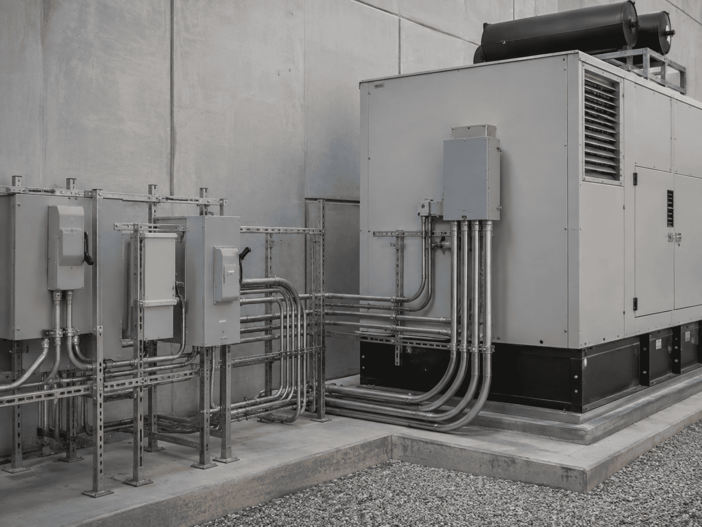 Large industrial generator with connected electrical panels and conduits installed on a concrete pad next to a building with a gray concrete wall.