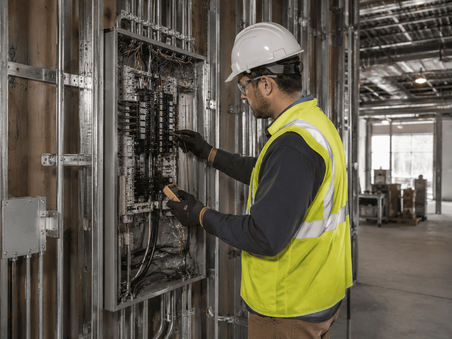 An electrician in a hard hat and safety vest uses a multimeter to test wires in an open electrical panel at a construction site.