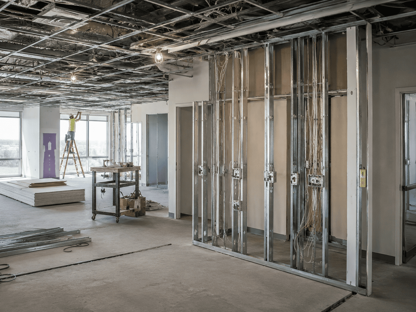 Commercial building interior under construction with exposed framing, wiring, and ceiling, a worker on a ladder, and construction materials and tools scattered around the space.