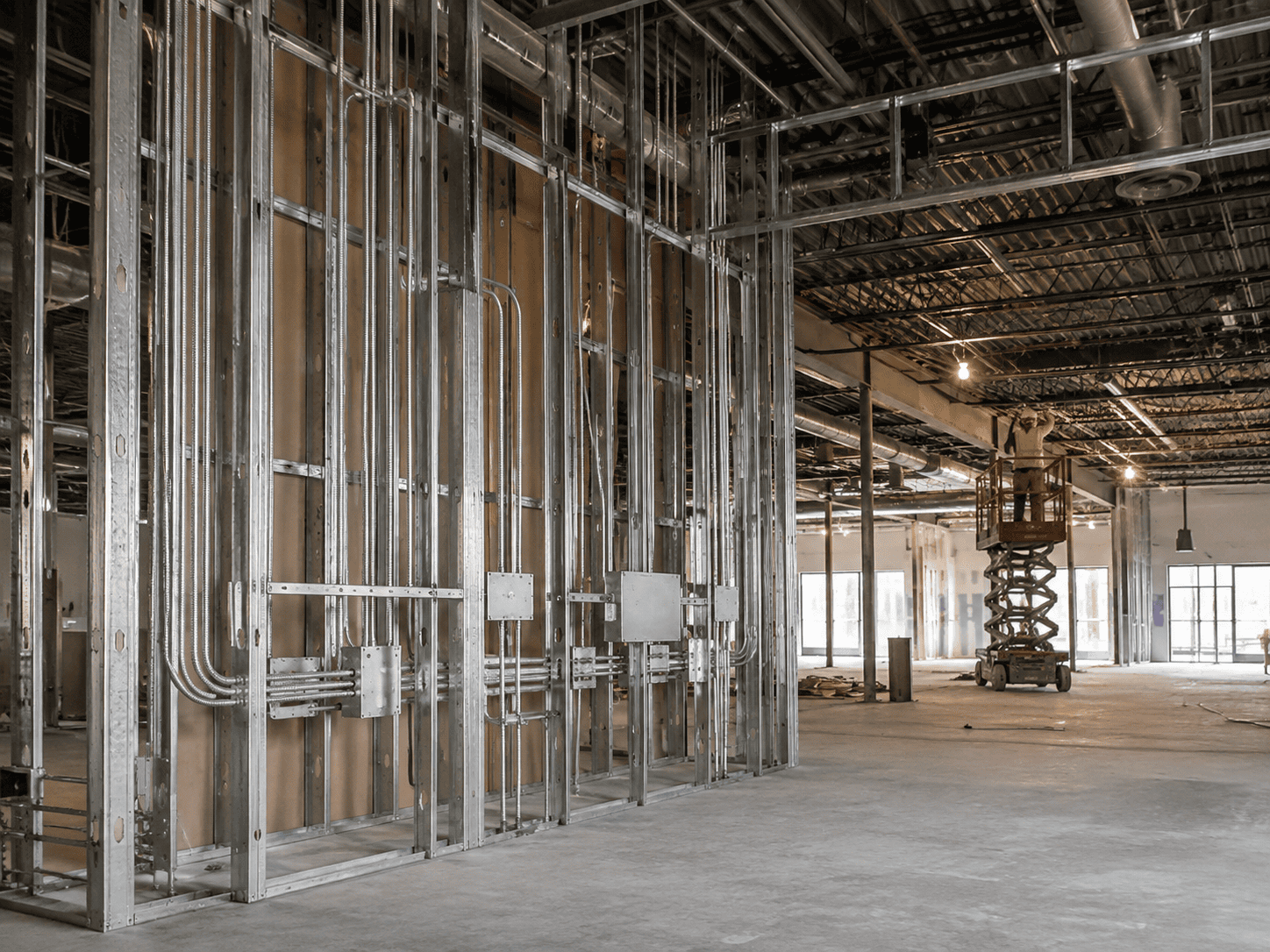 Large indoor construction site with exposed metal wall framing, electrical conduits, and workers on a lift installing ceiling fixtures. Concrete floor and unfinished ceiling are visible.