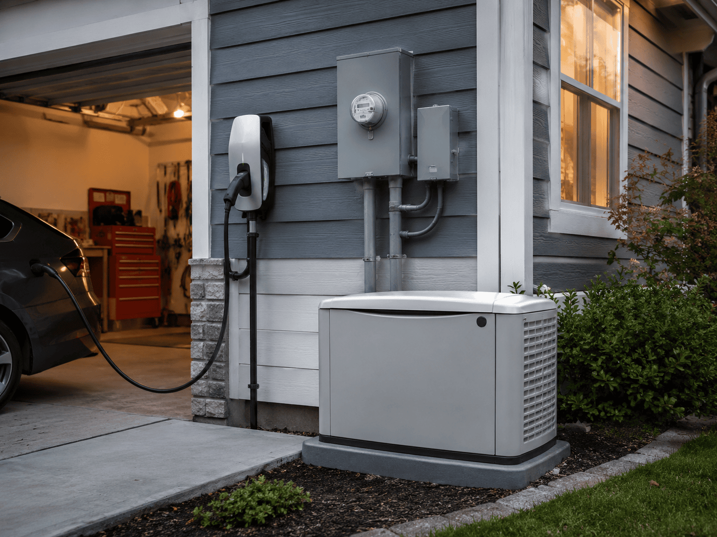 A home garage with an electric vehicle charging at a wall-mounted charger, utility meters, and a standby generator installed outside the house.