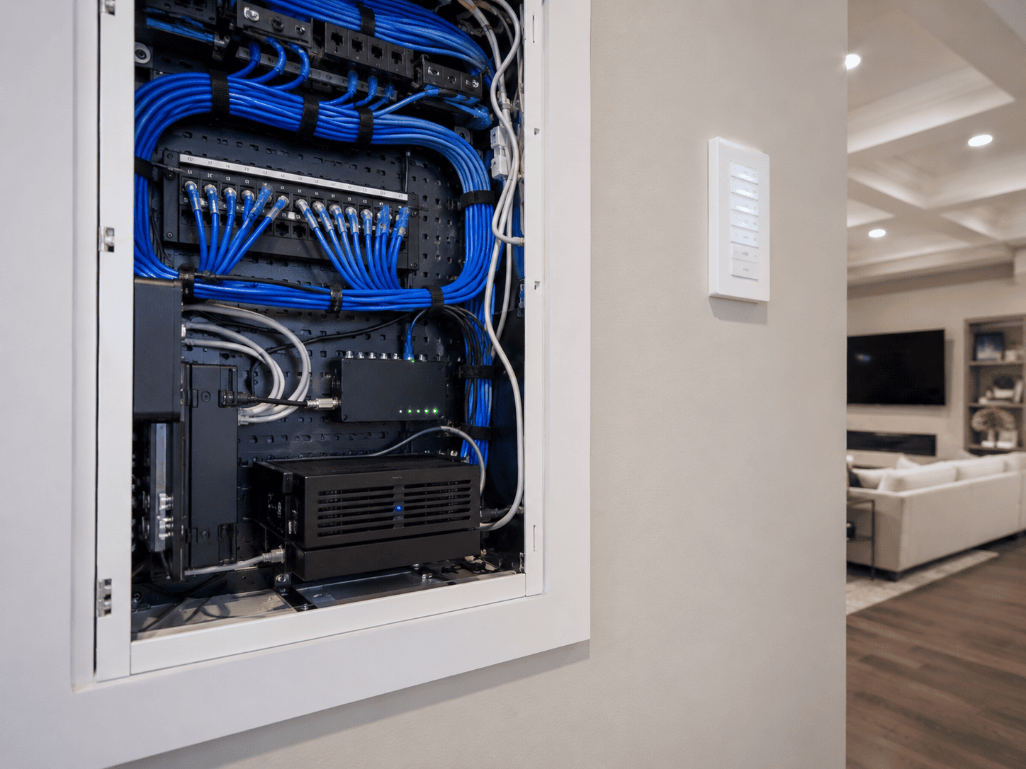 Open networking cabinet with organized blue Ethernet cables and electronic devices mounted inside the wall; a smart home control panel and living room are visible in the background.