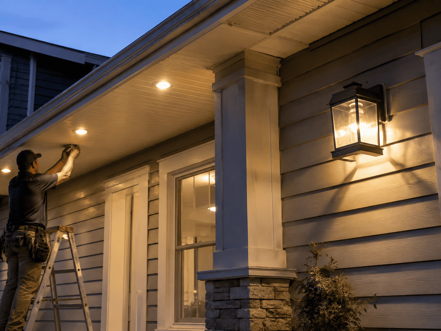 A person stands on a ladder, installing or inspecting recessed ceiling lights on the porch of a house at dusk.