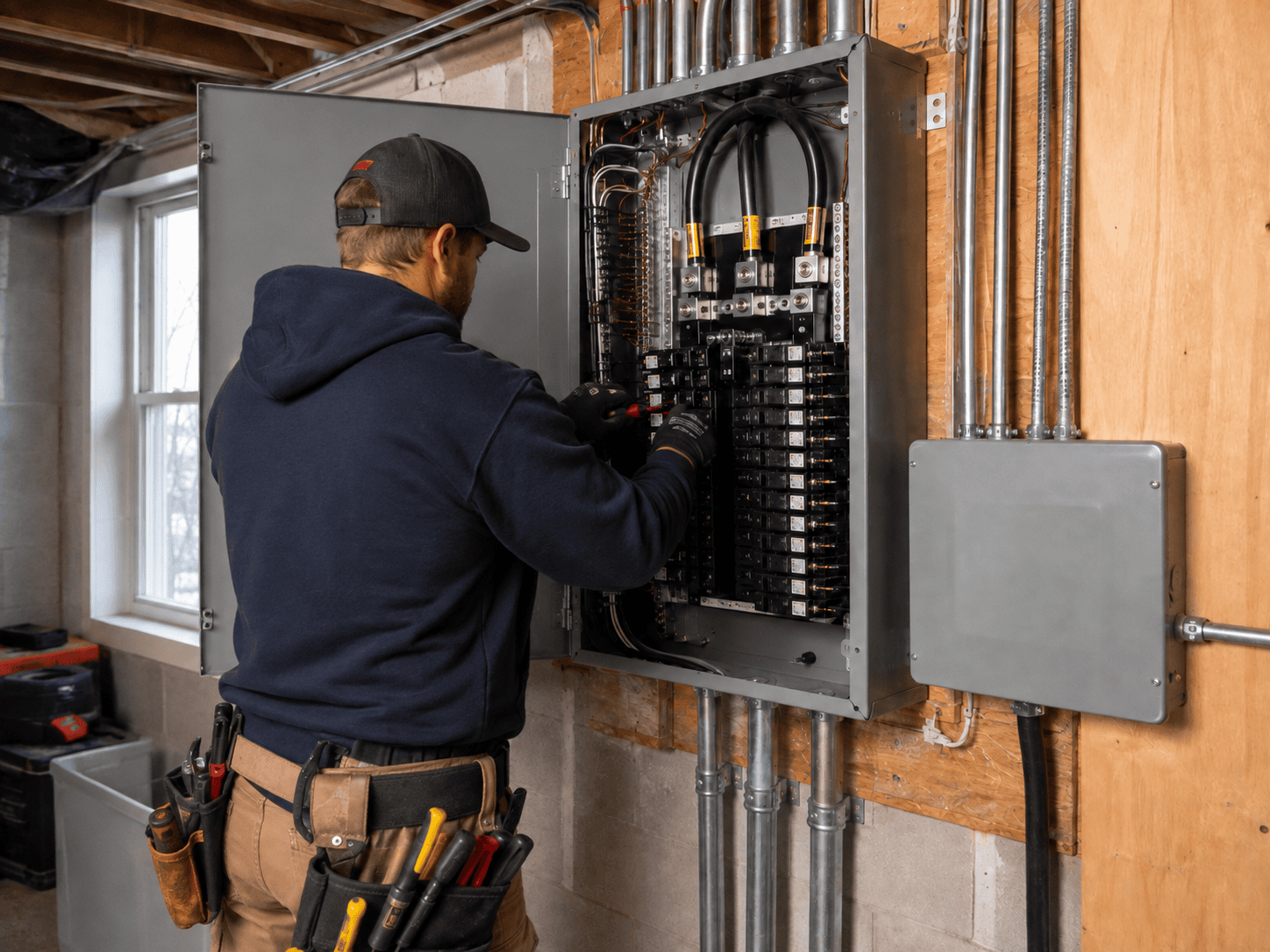 An electrician wearing a tool belt works on an open electrical panel in a basement, adjusting wires and breakers with a screwdriver.