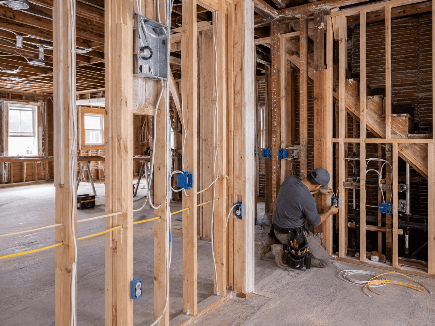 A construction worker installs electrical outlets in the wooden framing of a house under renovation. Exposed wires and unfinished walls are visible throughout the space.