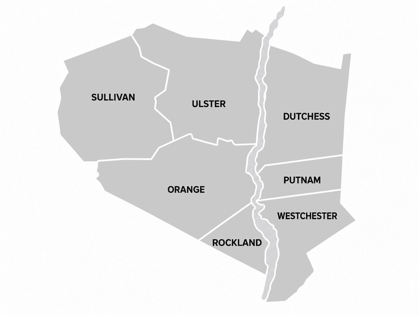 Map showing the counties of Sullivan, Ulster, Orange, Rockland, Dutchess, Putnam, and Westchester, divided by a north-south river.
