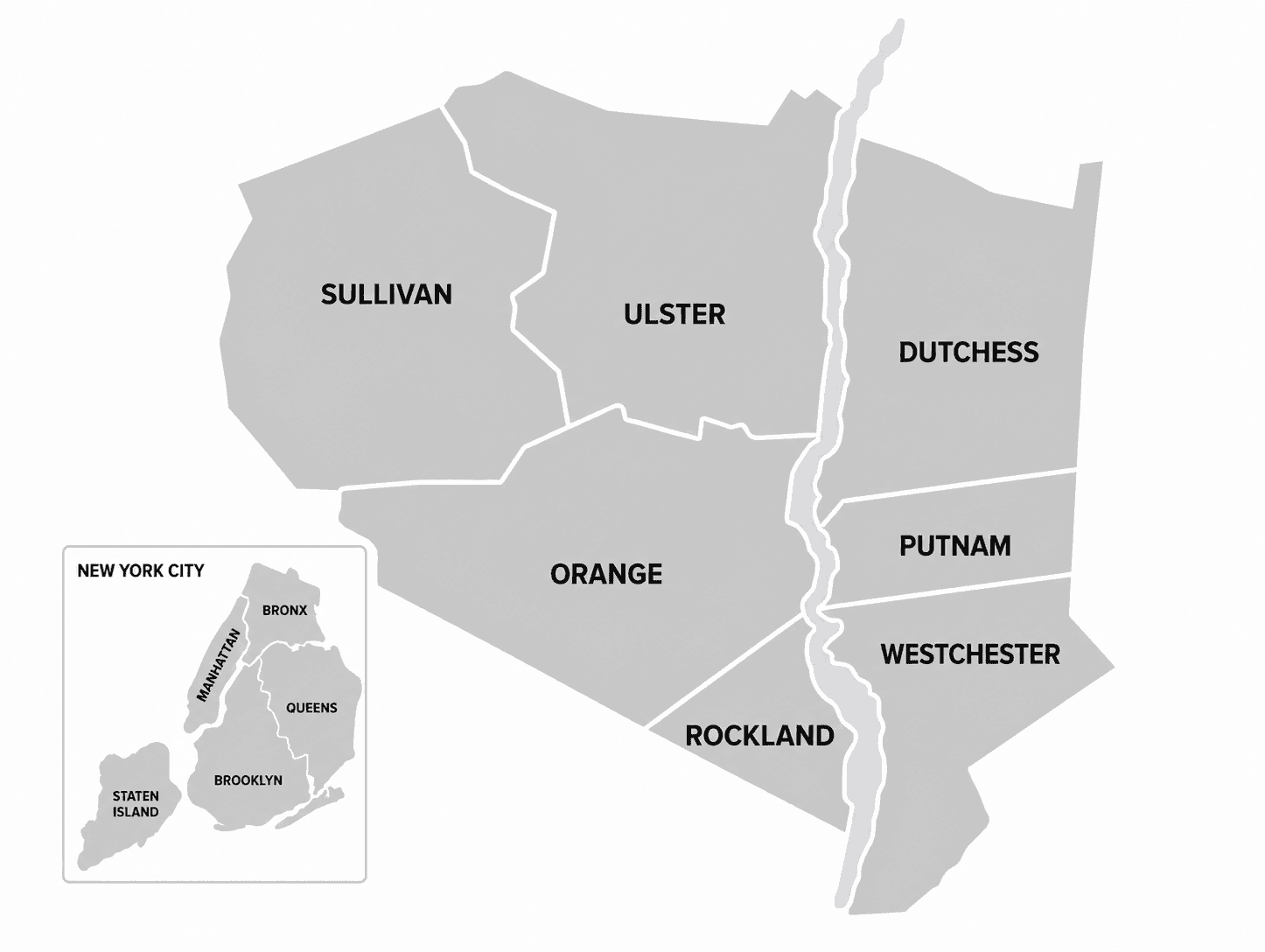 Map showing the counties of Sullivan, Ulster, Dutchess, Orange, Putnam, Westchester, and Rockland in New York, with a small inset map of New York City boroughs.